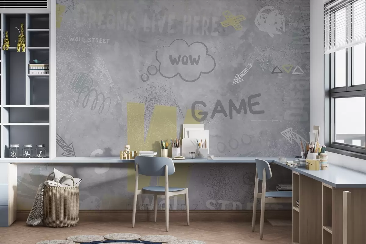 Fototapetes Dizains ielu mākslas stilā ar dzeltenas krāsas uzrakstiem uz betona sienas fona w04056