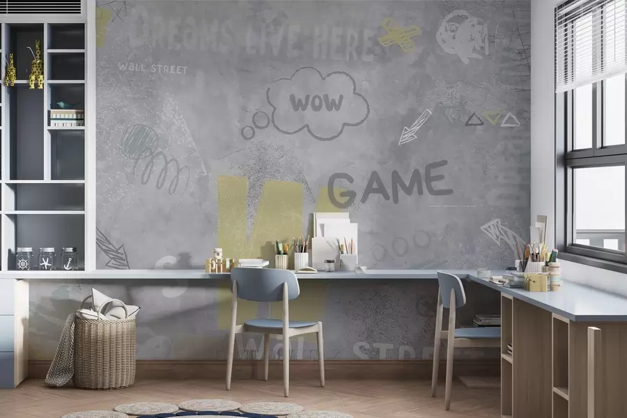 Fototapetes Dizains ielu mākslas stilā ar dzeltenas krāsas uzrakstiem uz betona sienas fona w04056