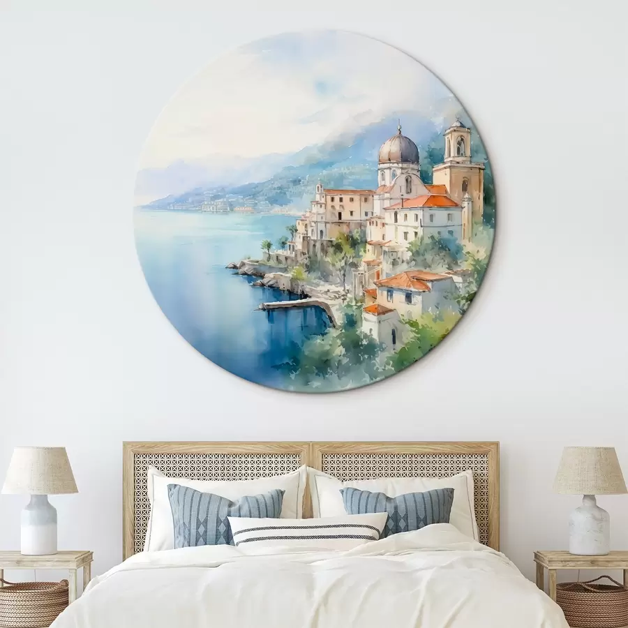 Glezna Pilsēta pie jūras akvareļa imitācija r44635