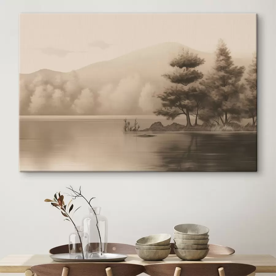Glezna Ezers un koki sēpijas krāsā s44633