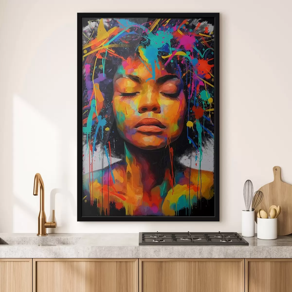 Plakāts Meitene spilgtās krāsās, abstraktā stilā f44618