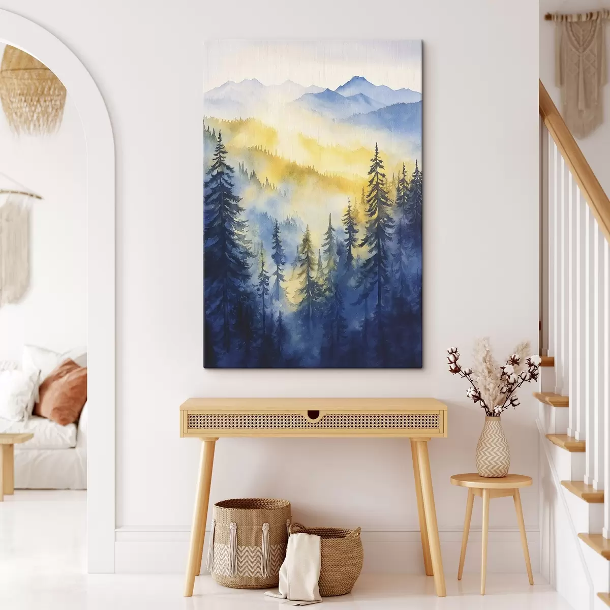 Glezna Miglaini kalni saullēktā, priežu meži, zilas un dzeltenas krāsas s44602