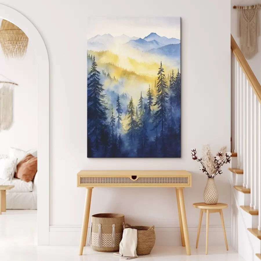 Glezna Miglaini kalni saullēktā, priežu meži, zilas un dzeltenas krāsas s44602