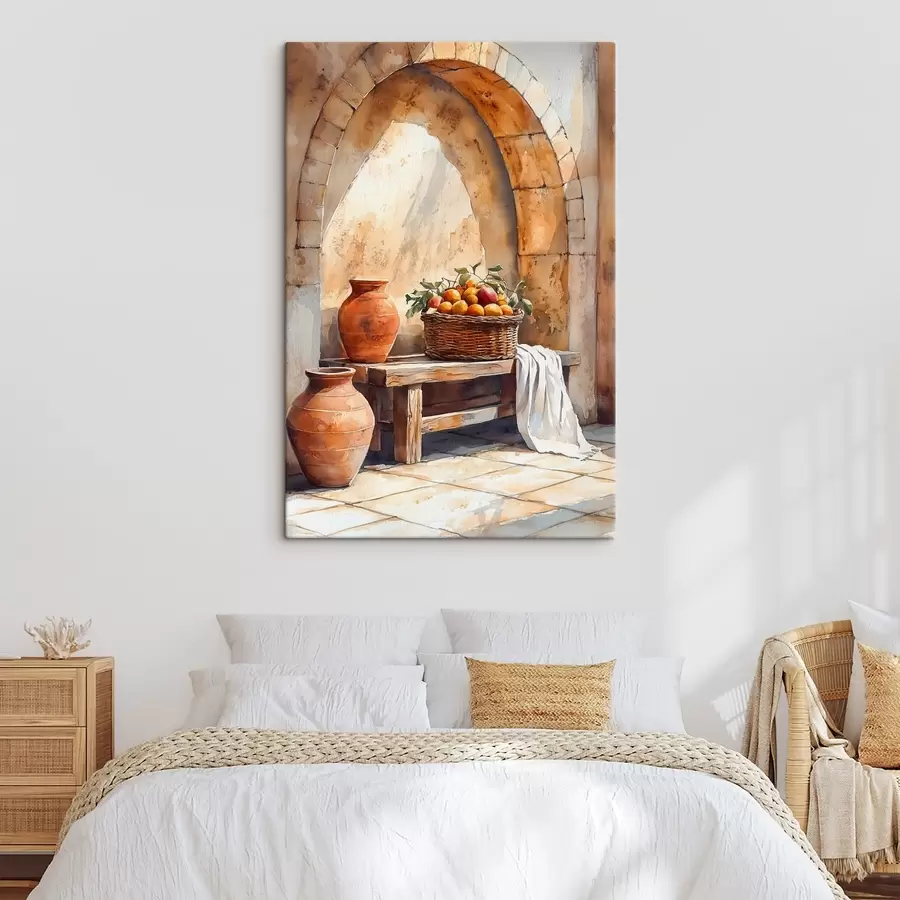 Glezna Estētiskas vāzes un pīts grozs ar apelsīniem, Toskāna, lauku stils s44605