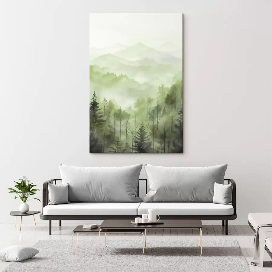 Glezna Kalni ar meža ainavu, zaļas krāsas, akvareļu stilā s44606