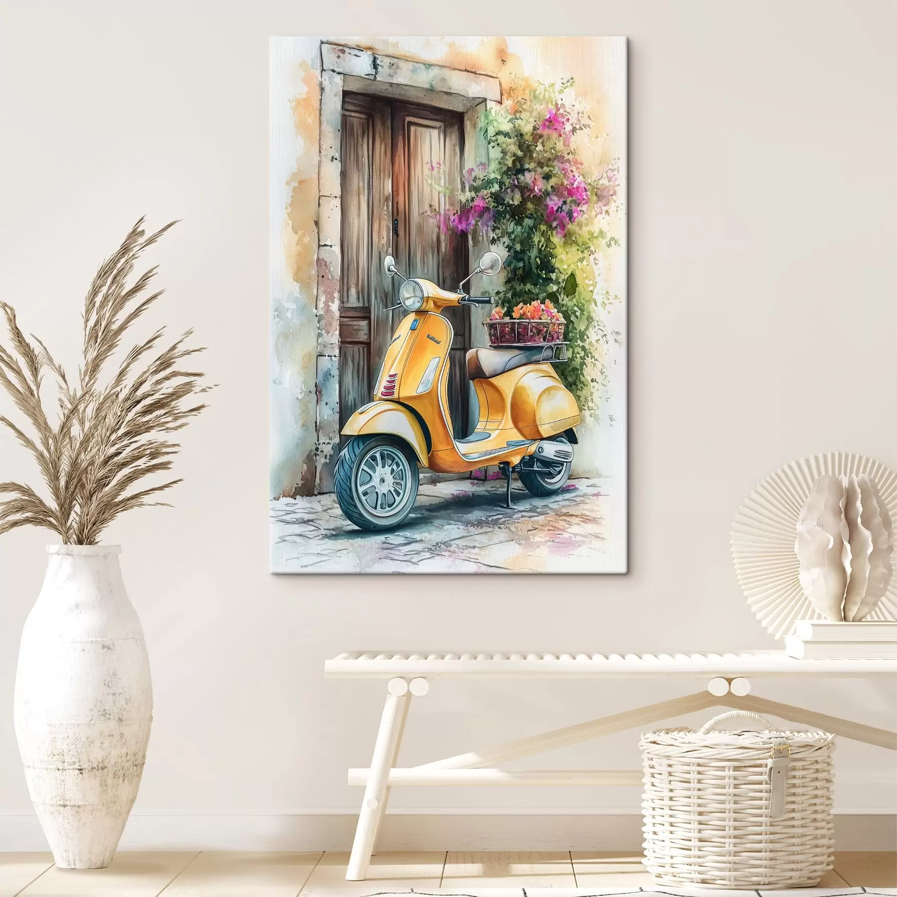 Glezna Dzeltens Vespa motorollers pie koka durvīm ar ziediem s44607
