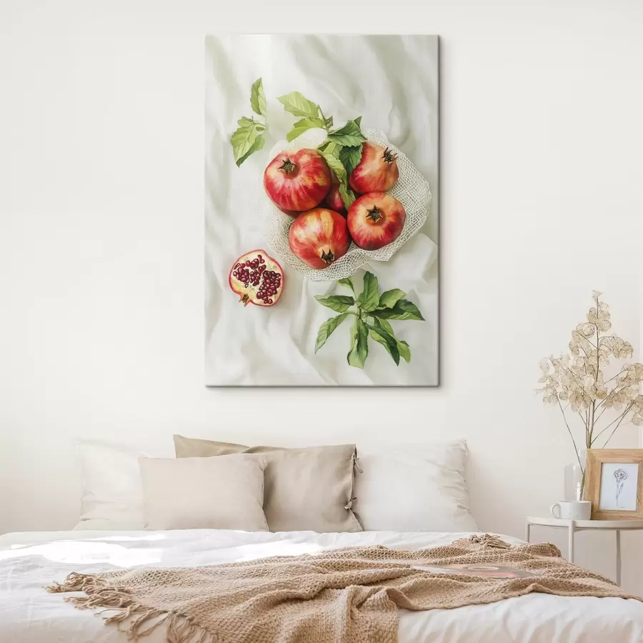 Glezna Granātāboli ar piparmētru lapām uz lina galdautiem, lauku stilā s44611