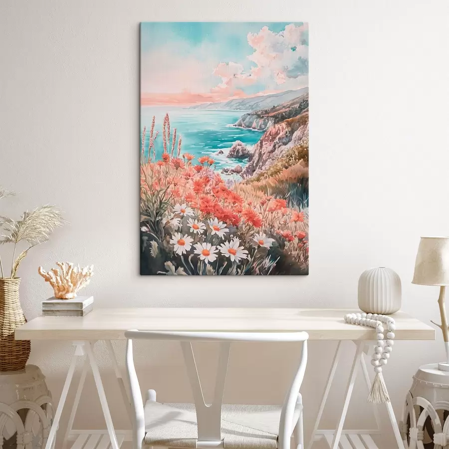 Glezna Portugāles okeāna piekraste saulrieta laikā, pļavu ziedi s44612