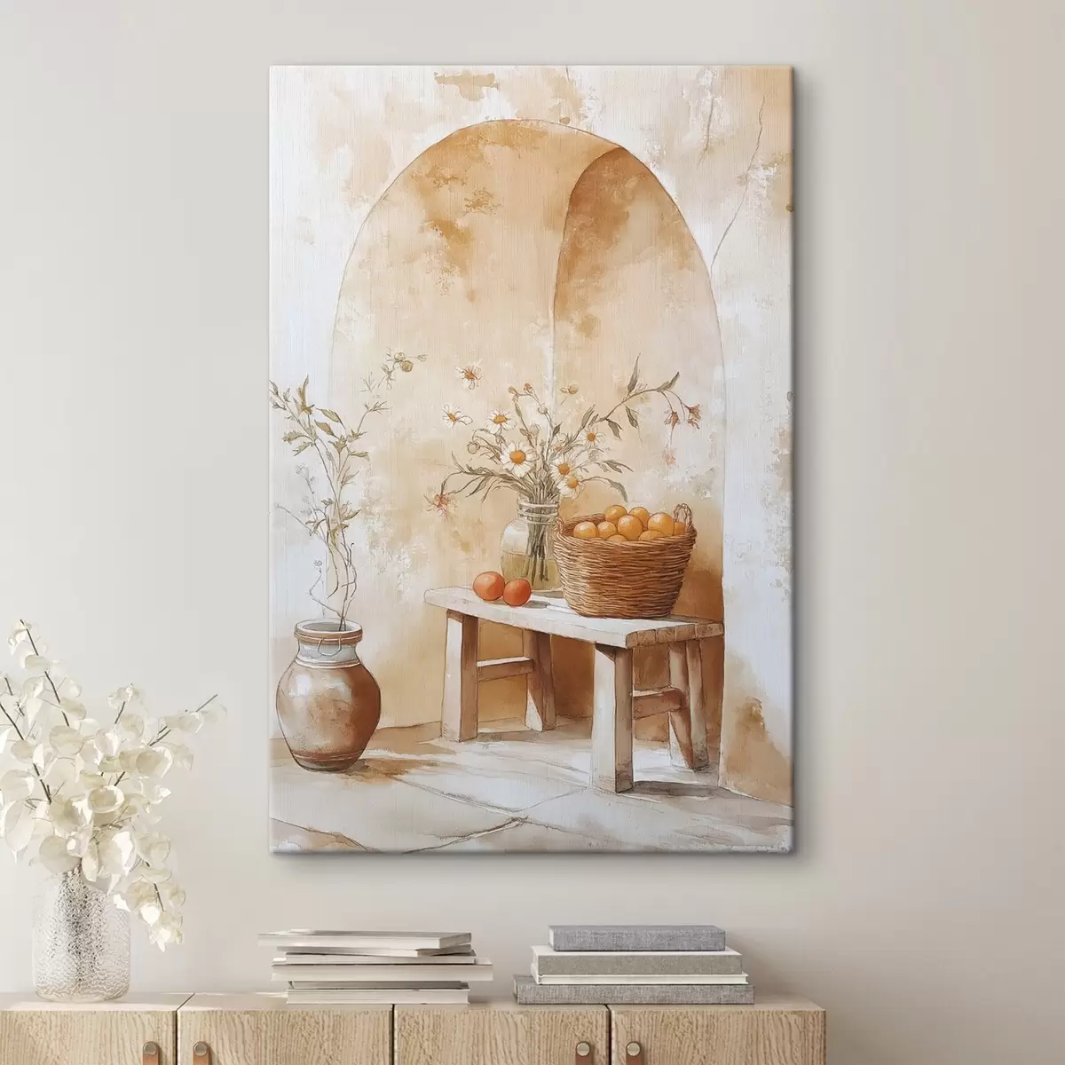 Glezna Arka siena ar antīko burku, kumelīšu ziediem un apelsīnu grozu  s44613