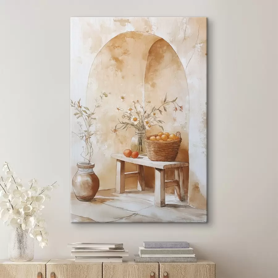 Glezna Arka siena ar antīko burku, kumelīšu ziediem un apelsīnu grozu  s44613