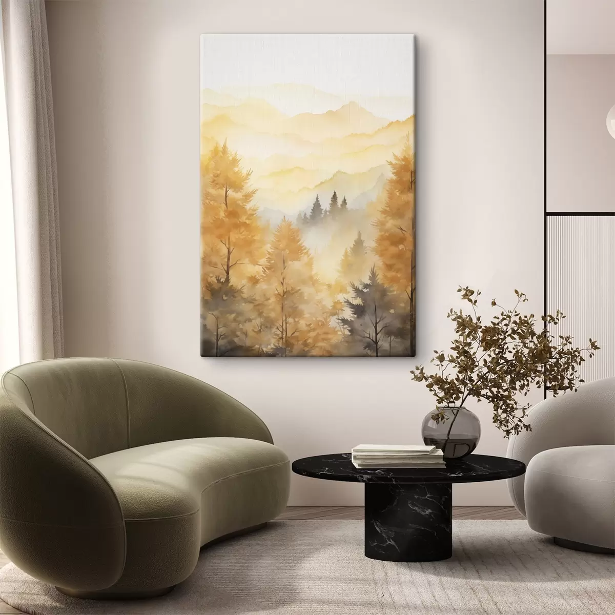 Glezna Skaists rudens mežs ar kalniem fonā  s44614