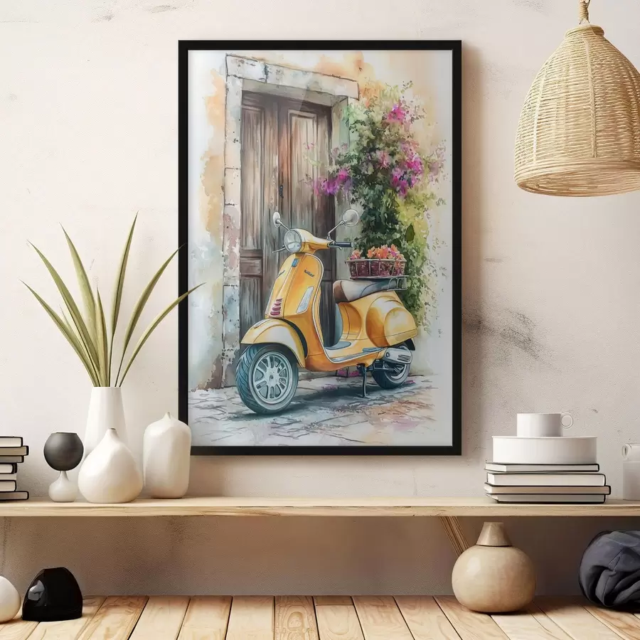Fototapetes Dzeltens Vespa motorollers pie koka durvīm ar ziediem f44607