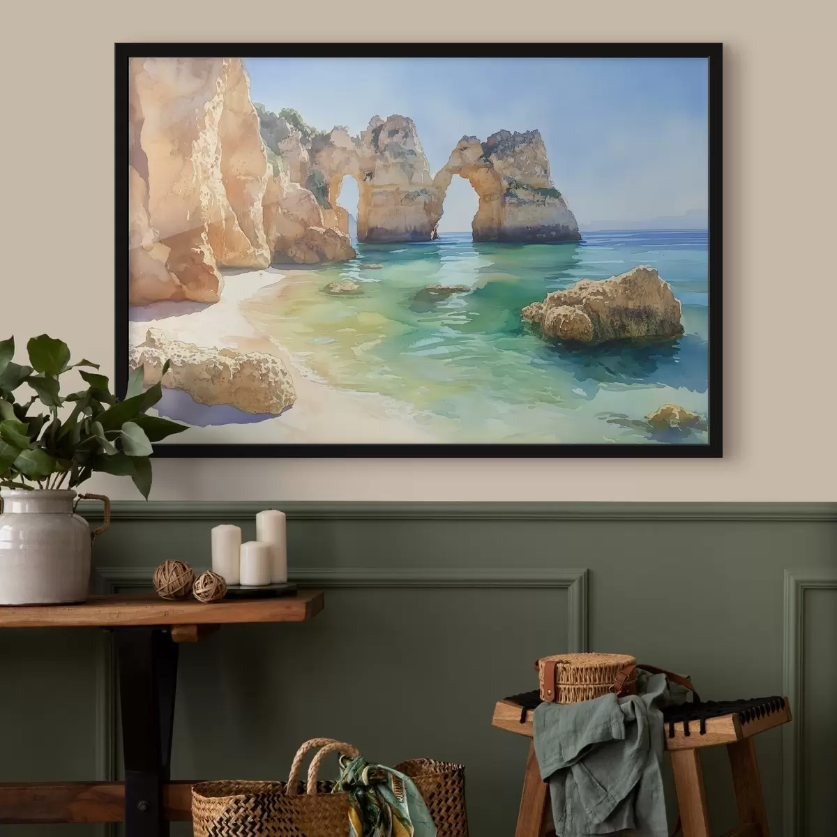 Plakāts Okeāna pludmale ar klinšu klintīm, Portugāle, vasara, akvamarīns f44608