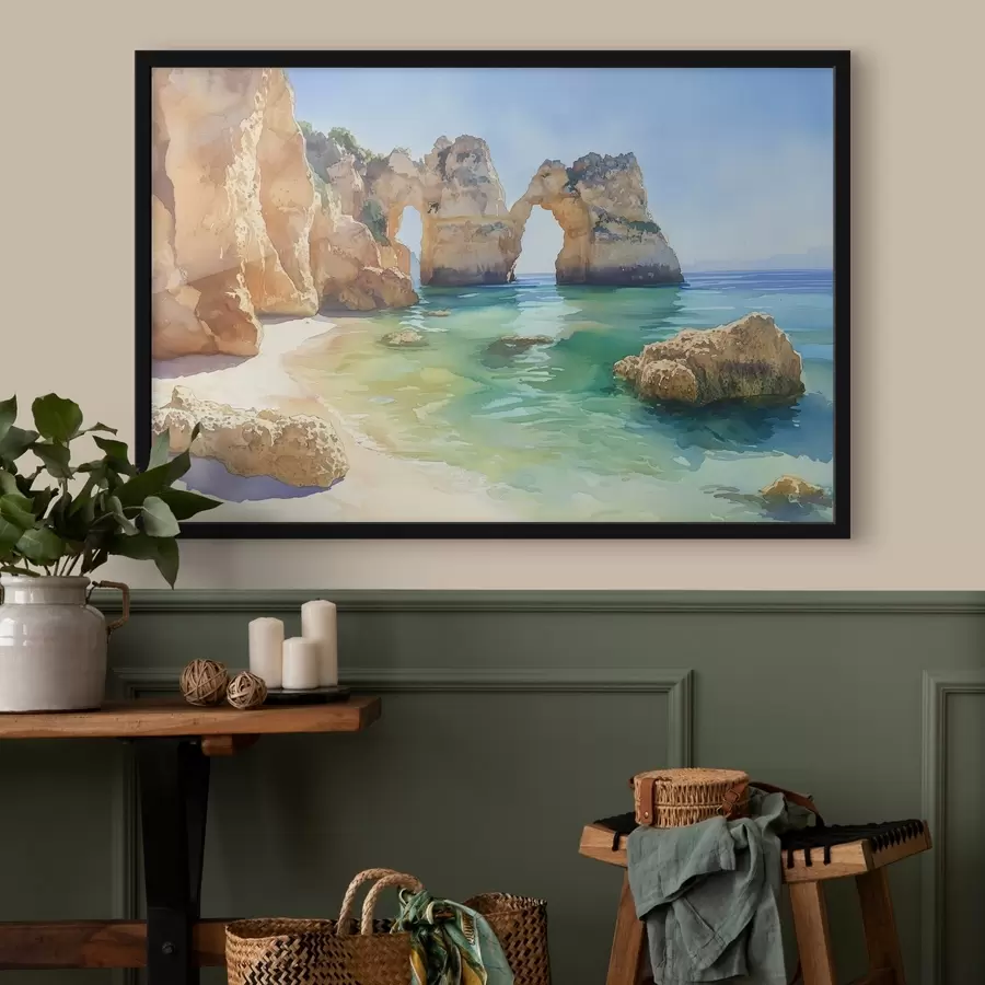 Fototapetes Okeāna pludmale ar klinšu klintīm, Portugāle, vasara, akvamarīns f44608