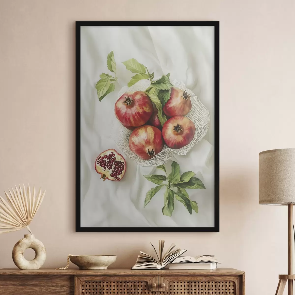 Plakāts Granātāboli ar piparmētru lapām uz lina galdautiem, lauku stilā f44611