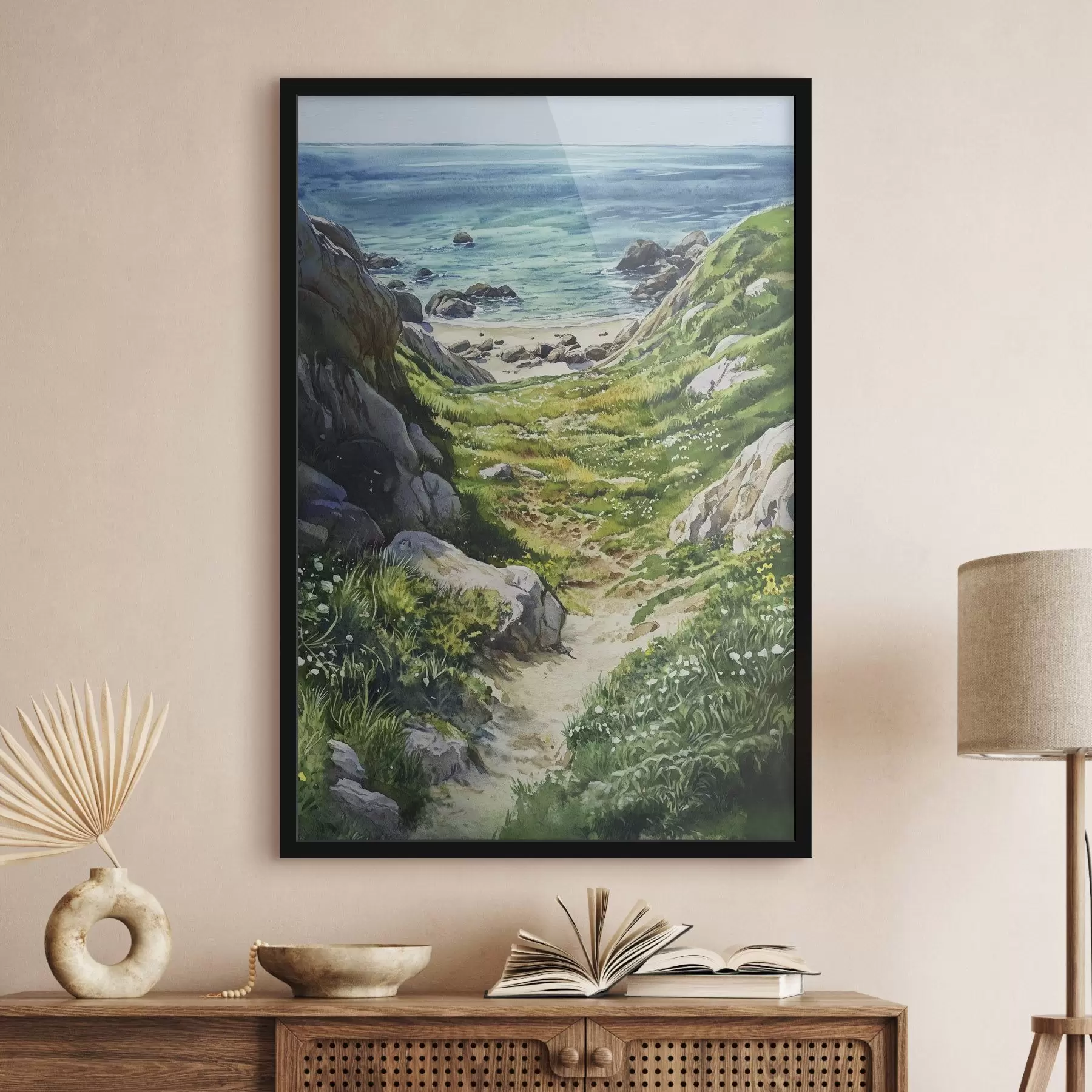 Glezna Jūras piekraste ar akmeņiem un zaļu zāli, akvareļu stilā, vasara f44616