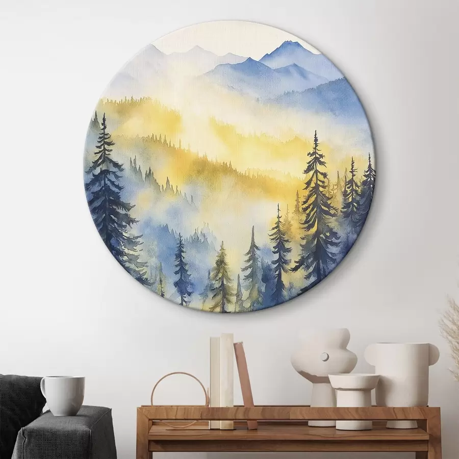 Glezna Miglaini kalni saullēktā, priežu meži, zilas un dzeltenas krāsas r44602