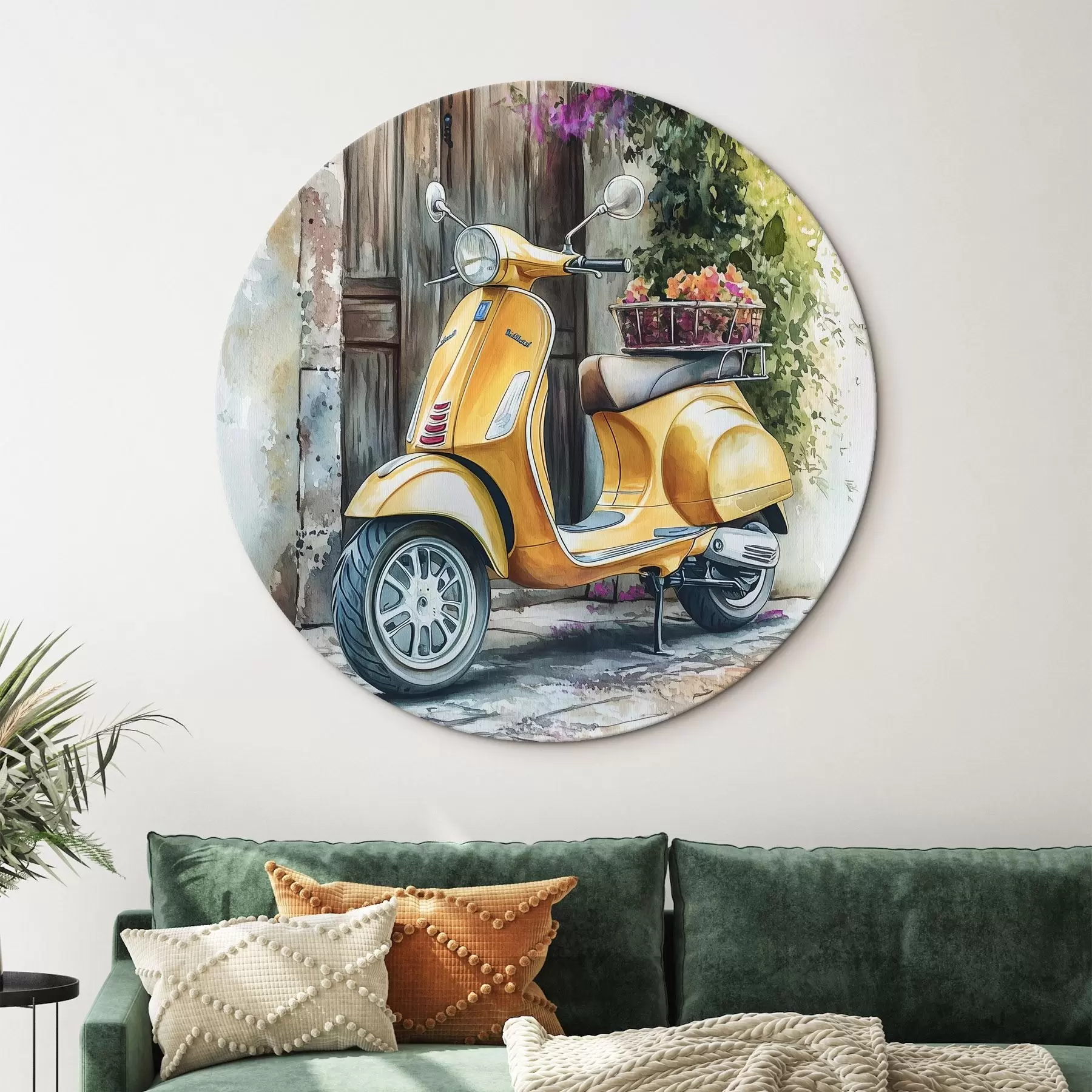 Glezna Dzeltens Vespa motorollers pie koka durvīm ar ziediem r44607