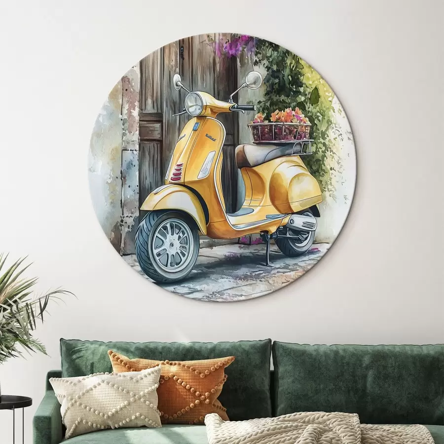 Glezna Dzeltens Vespa motorollers pie koka durvīm ar ziediem r44607