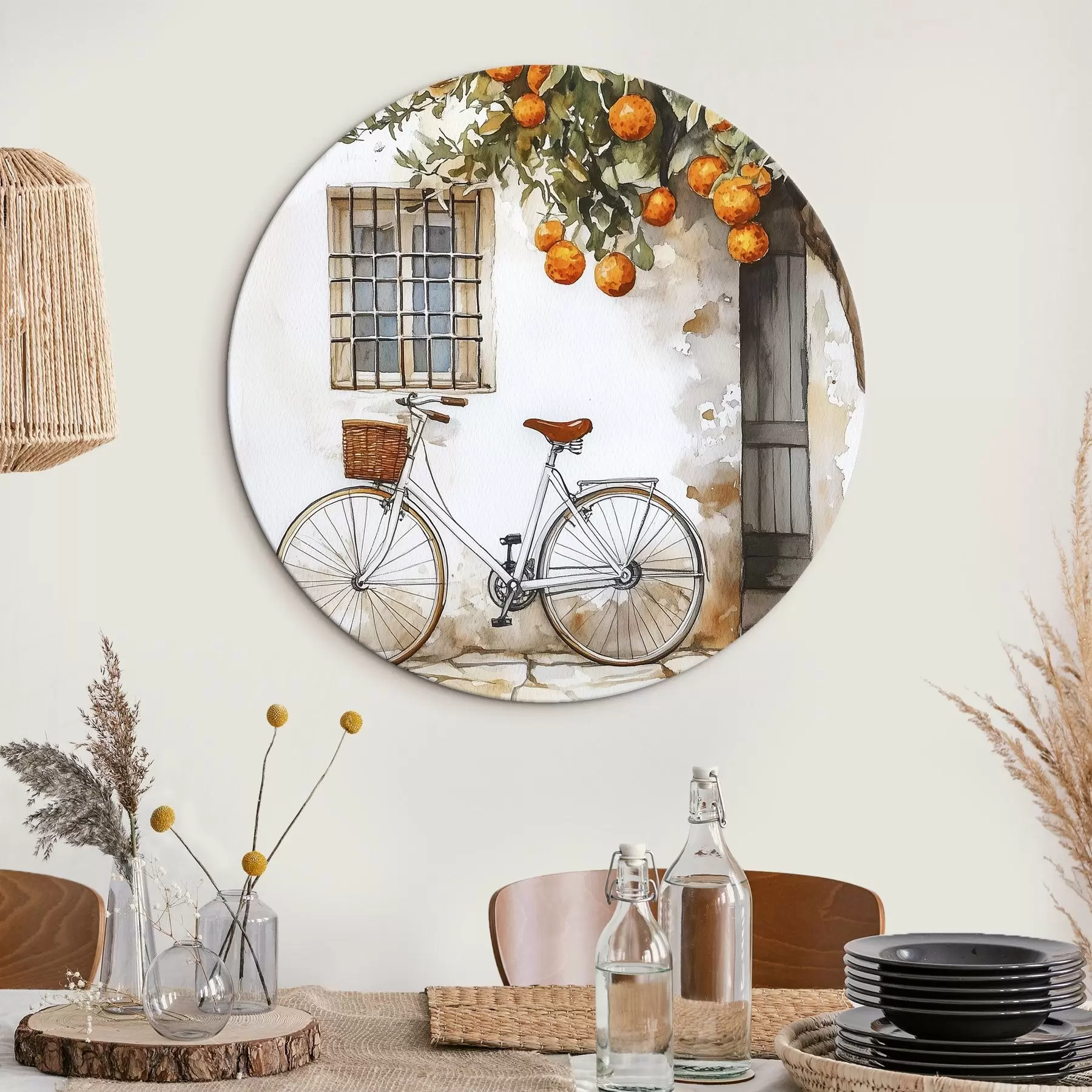 Glezna Vidusjūras balta māja ar apelsīnu koku un velosipēdu r44610