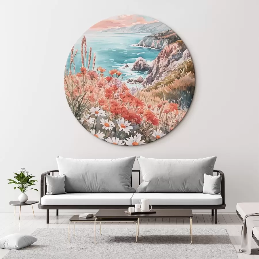 Glezna Portugāles okeāna piekraste saulrieta laikā, pļavu ziedi r44612