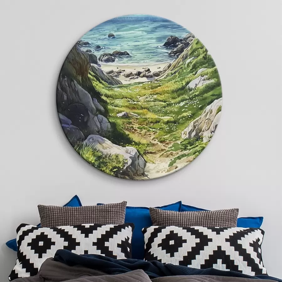 Glezna Jūras piekraste ar akmeņiem un zaļu zāli, akvareļu stilā, vasara r44616