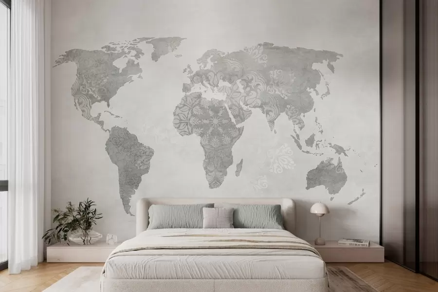 Fototapetes Pasaules karte ar rakstu, melnbalti toņi w03954v1