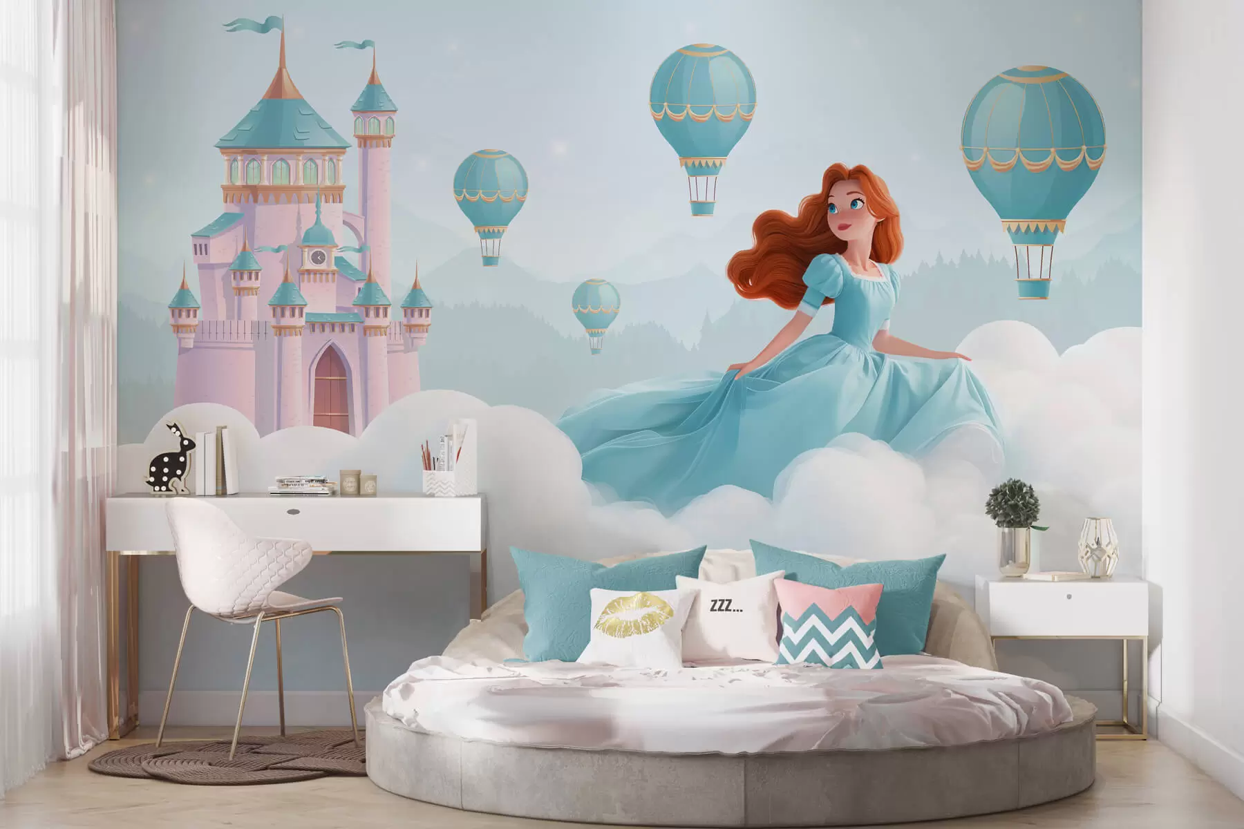 Fototapetes Princese starp mākoņiem uz ainavas fona ar pili w04015