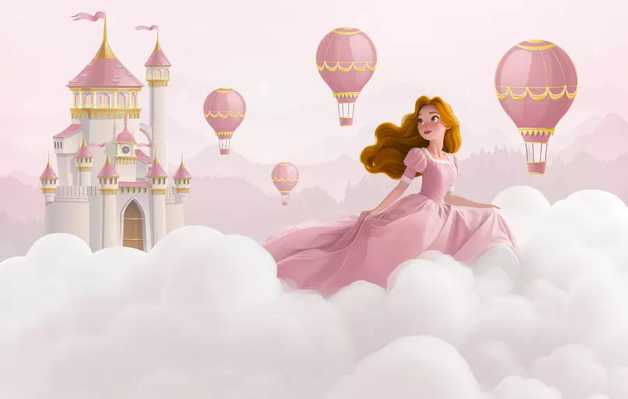 Fototapetes Princese starp mākoņiem uz ainavas fona ar pili w04015v1