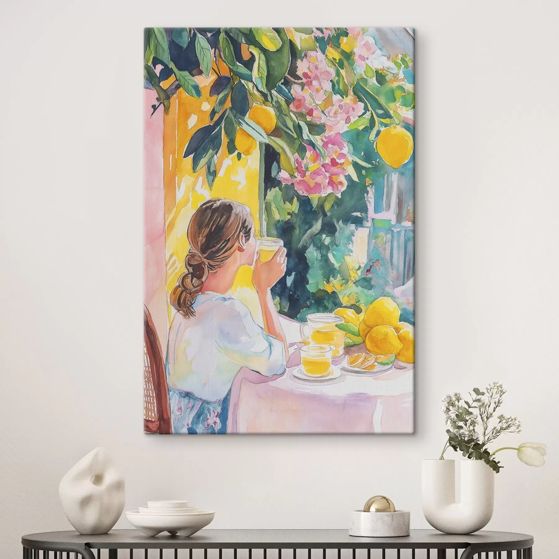 Fototapetes Vasaras vibrācijas, meitene kafejnīcā, limoncello, Itālija, akvareļu stils s44505