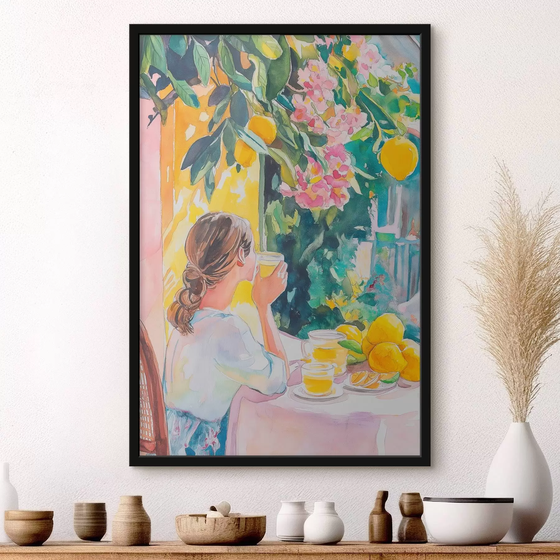 Glezna Vasaras vibrācijas, meitene kafejnīcā, limoncello, Itālija, akvareļu stils f44505