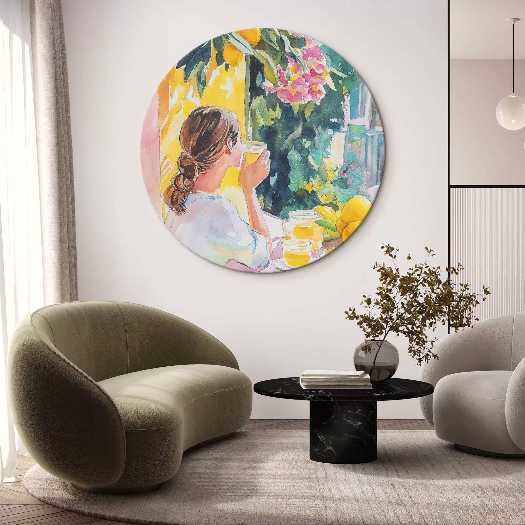 Glezna Vasaras vibrācijas, meitene kafejnīcā, limoncello, Itālija, akvareļu stils r44505