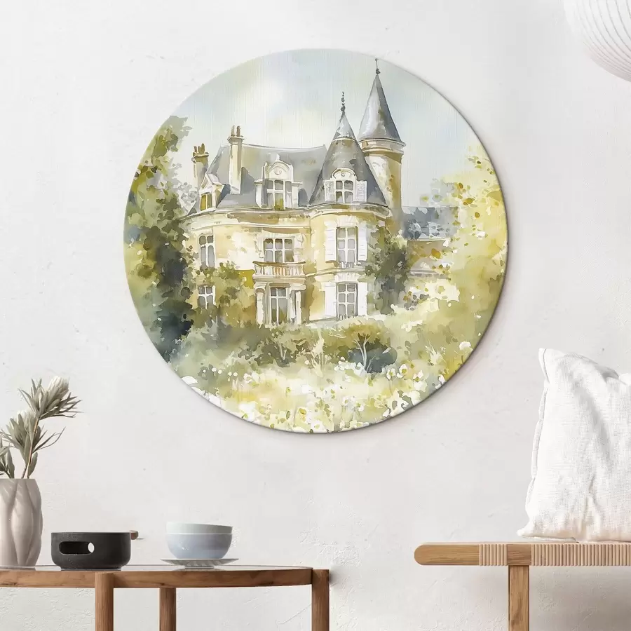 Glezna Skaista pils ar zaļumiem un baltiem ziediem, akvareļu stilā r44506