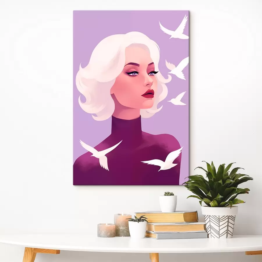 Glezna Sievietes portrets ar baltiem matiem uz fona ar putniem s44681