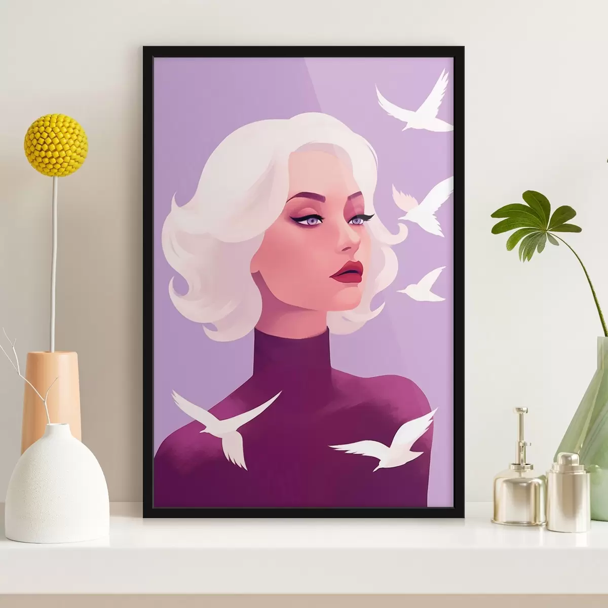 Plakāts Sievietes portrets ar baltiem matiem uz fona ar putniem f44681