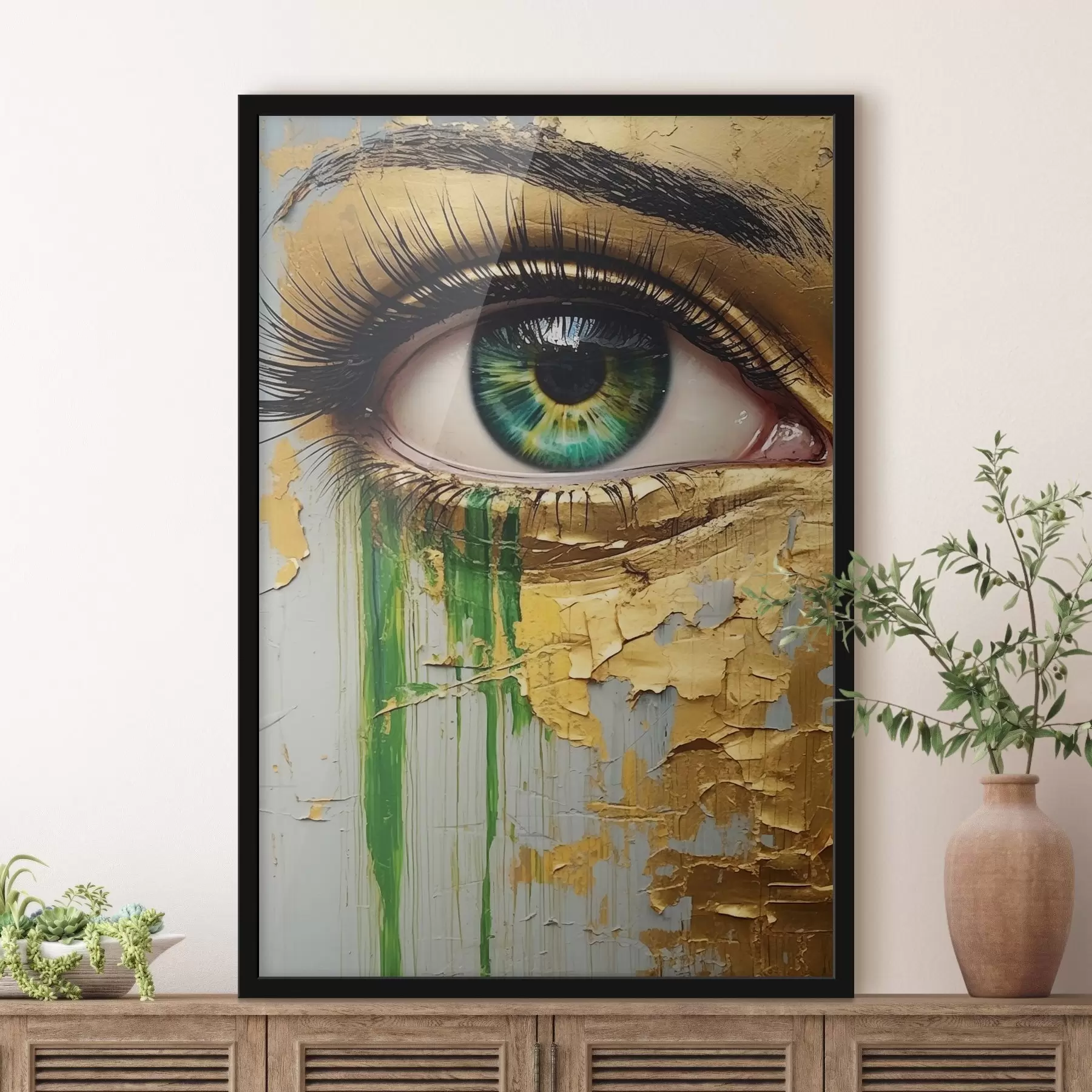 Glezna Zaļa acs uz saplaisājušas krāsas fona f44690