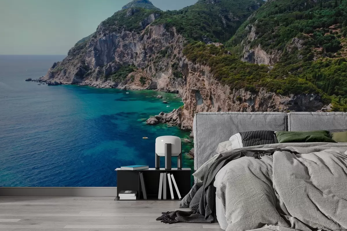 Fototapetes Klinšu kalni pie jūras, eļļas stila zīmējums, akvamarīna ūdens w04096