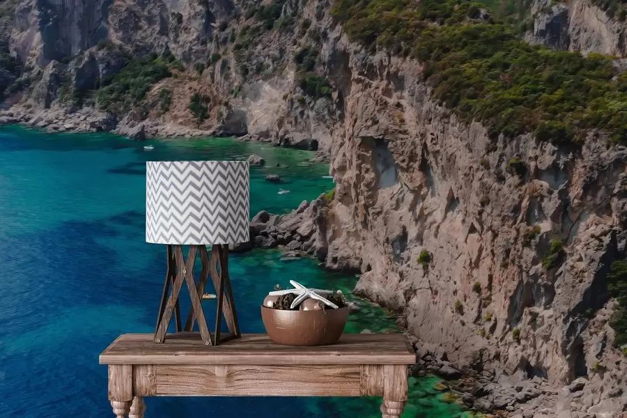 Fototapetes Klinšu kalni pie jūras, eļļas stila zīmējums, akvamarīna ūdens w04096