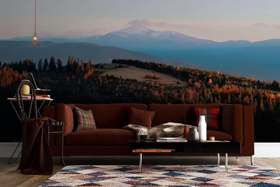 Fototapetes Karpatu kalni, eļļas stila tekstūra, rudens mežs, saulrieta debesis w04098