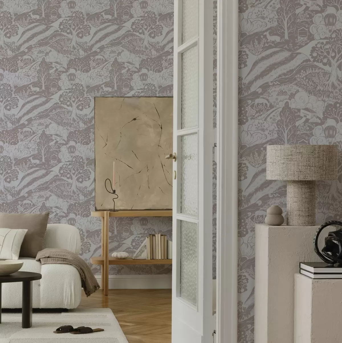 Tapetes Pastelis pasaku ilustrācija ar dzīvniekiem un kokiem a00172v1