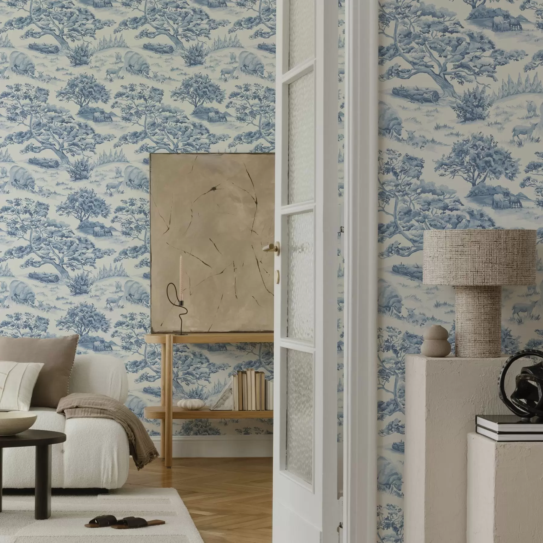 Fototapetes Lauku ainava zilos toņos ar aitām un kokiem a00178