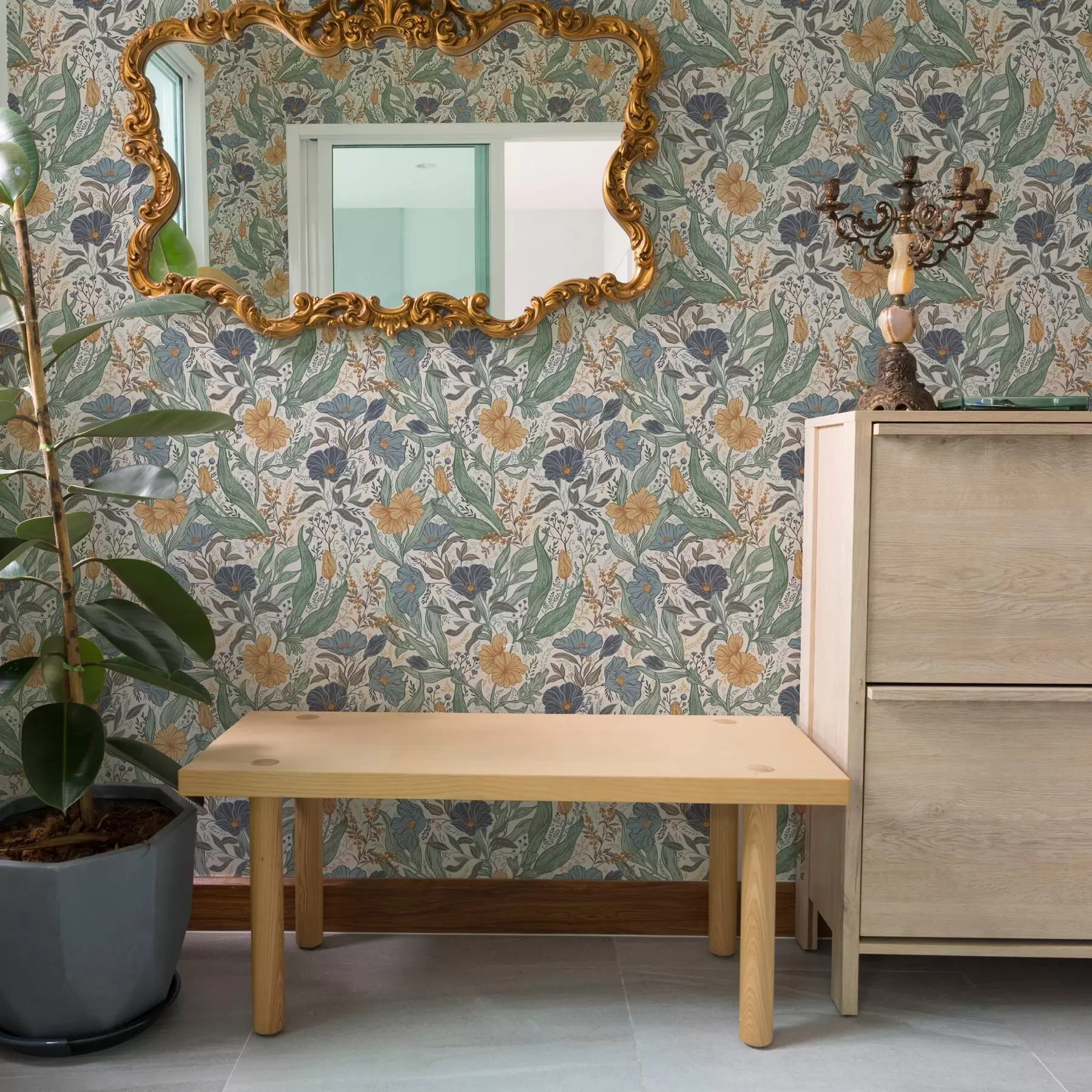 Fototapetes Ar roku zīmēta pļavas ziedu ilustrācija siltās krāsās a00180