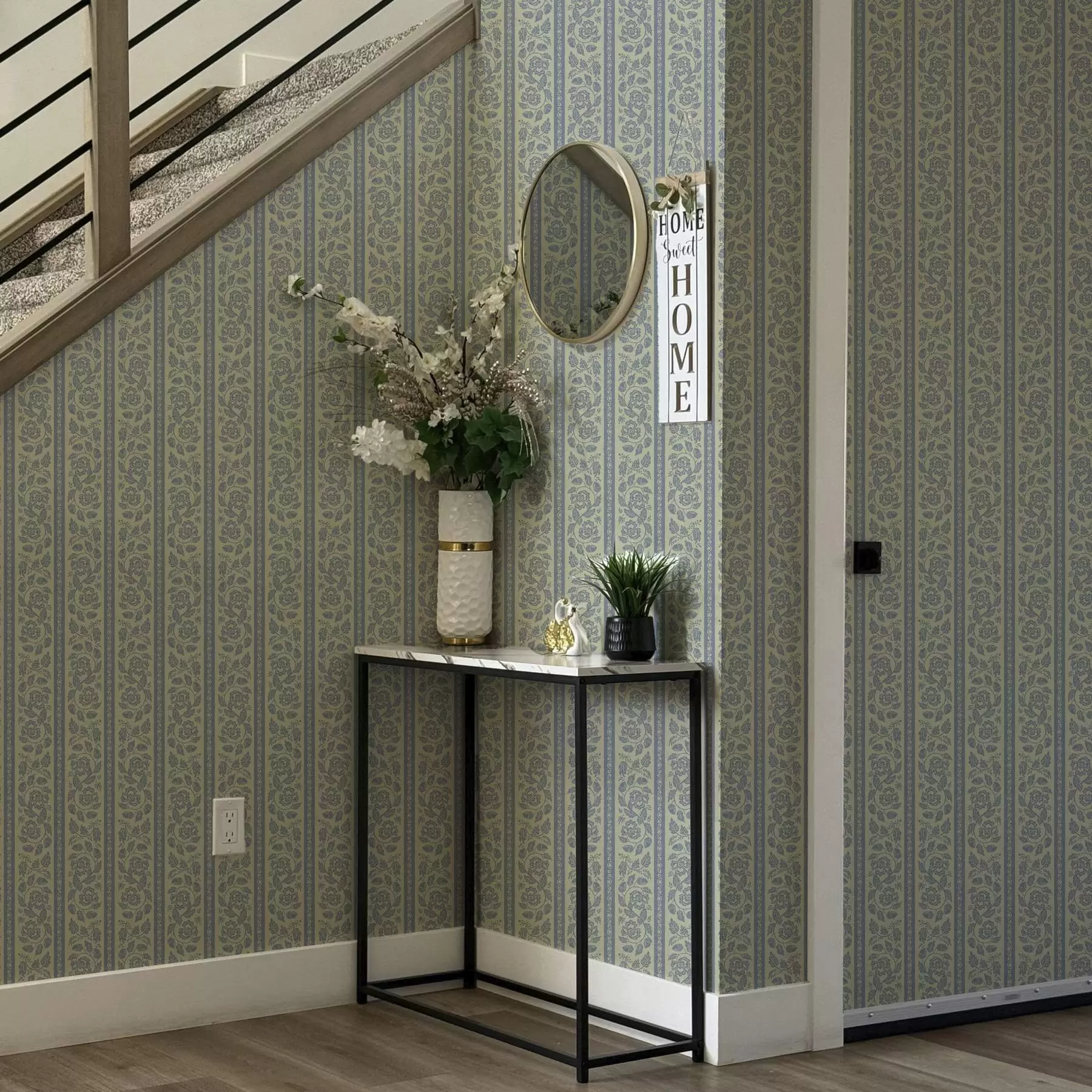 Fototapetes Svītrains ziedu ornaments ar ozolzīlēm zilos un bēšos toņos a00181