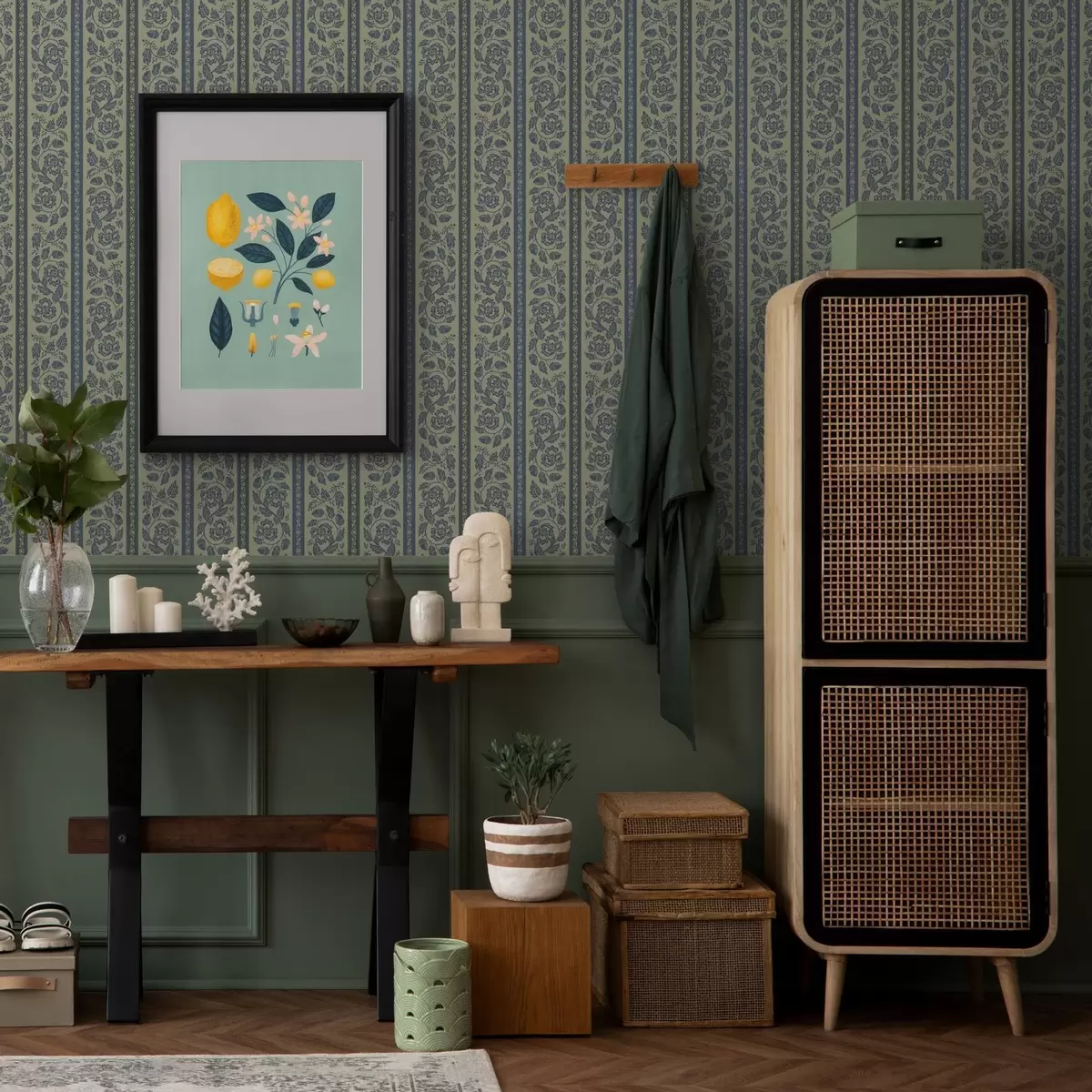 Tapetes Vintage zils ornaments ar ziediem un ozolzīlēm a00181v1