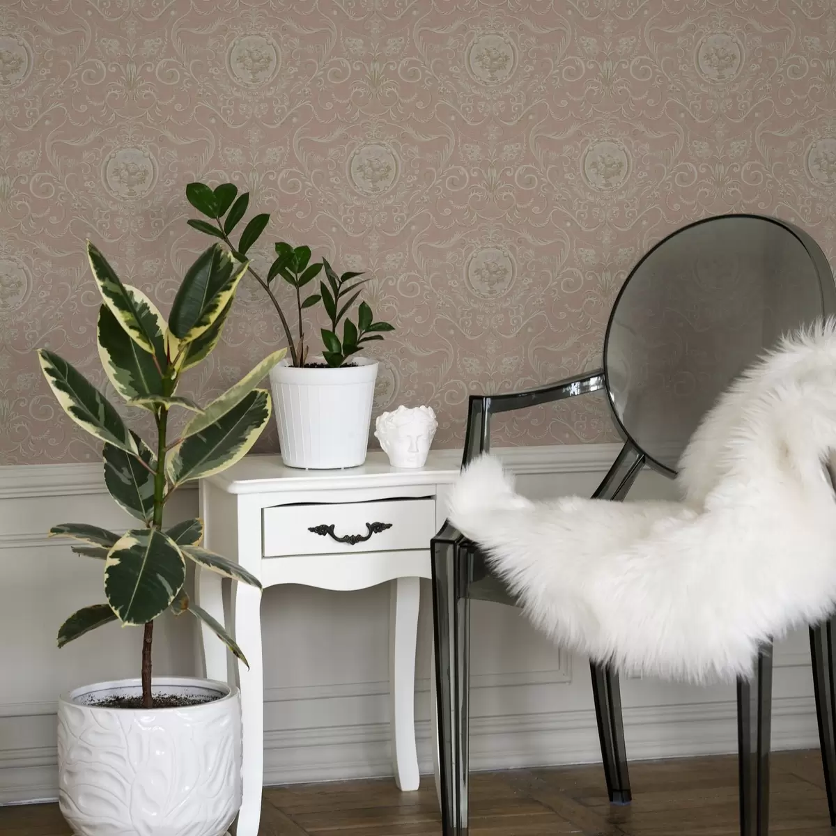 Tapetes Rozā klasiskais raksts ar medaljoniem un ziediem a00185