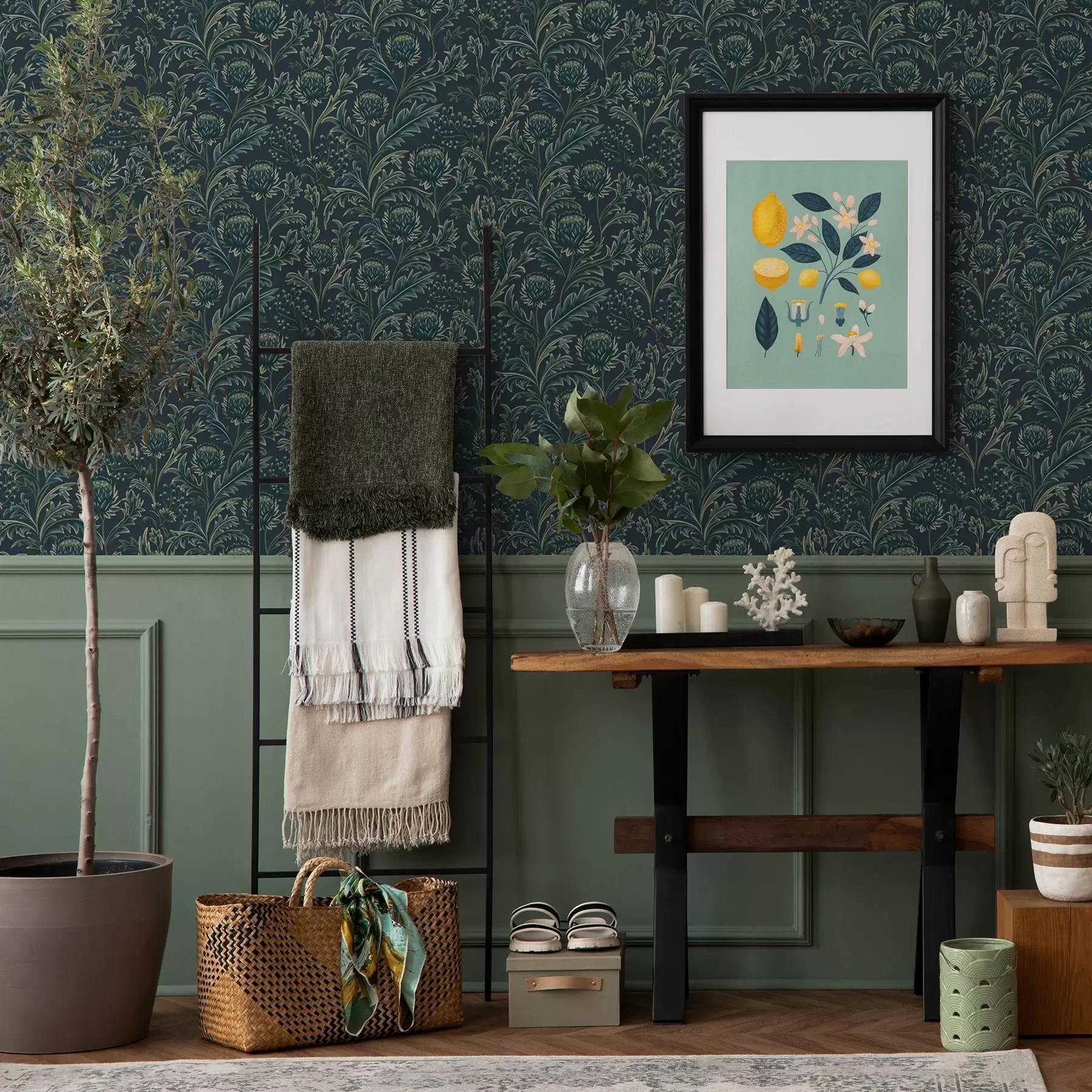 Fototapetes Tumši zaļš ziedu raksts ar artišokiem a00186