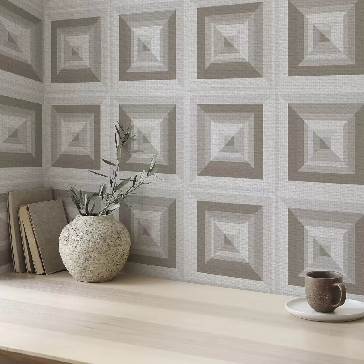 Tapetes Ģeometrisks trīsdimensiju raksts pelēkā un bēšā krāsā a00187