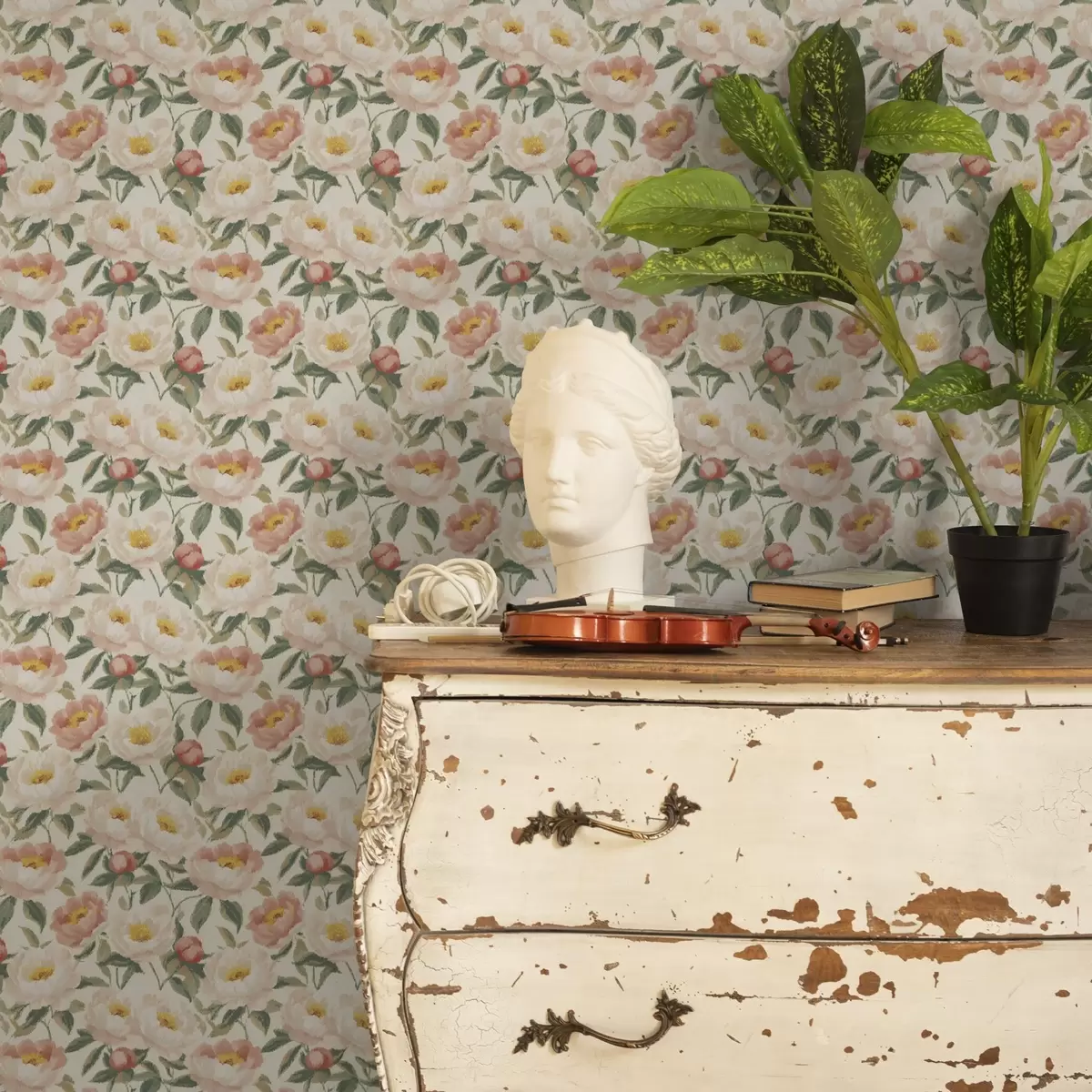 Tapetes Akvareļu peonijas gaišās krāsās retro stilā a00193