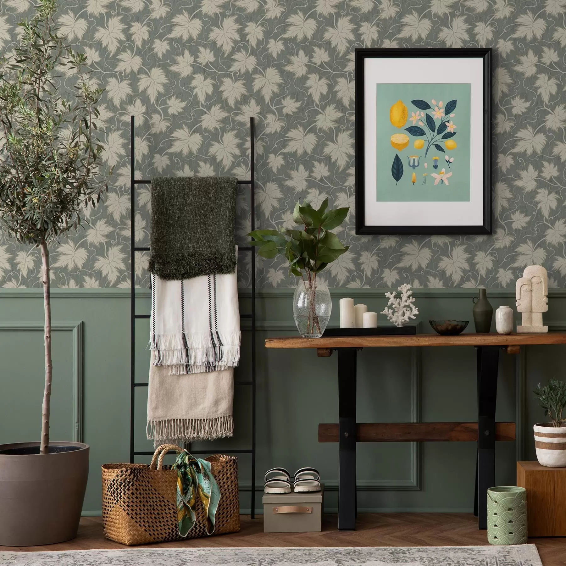 Fototapetes Balta vīnogu lapa uz zaļa fona a00194