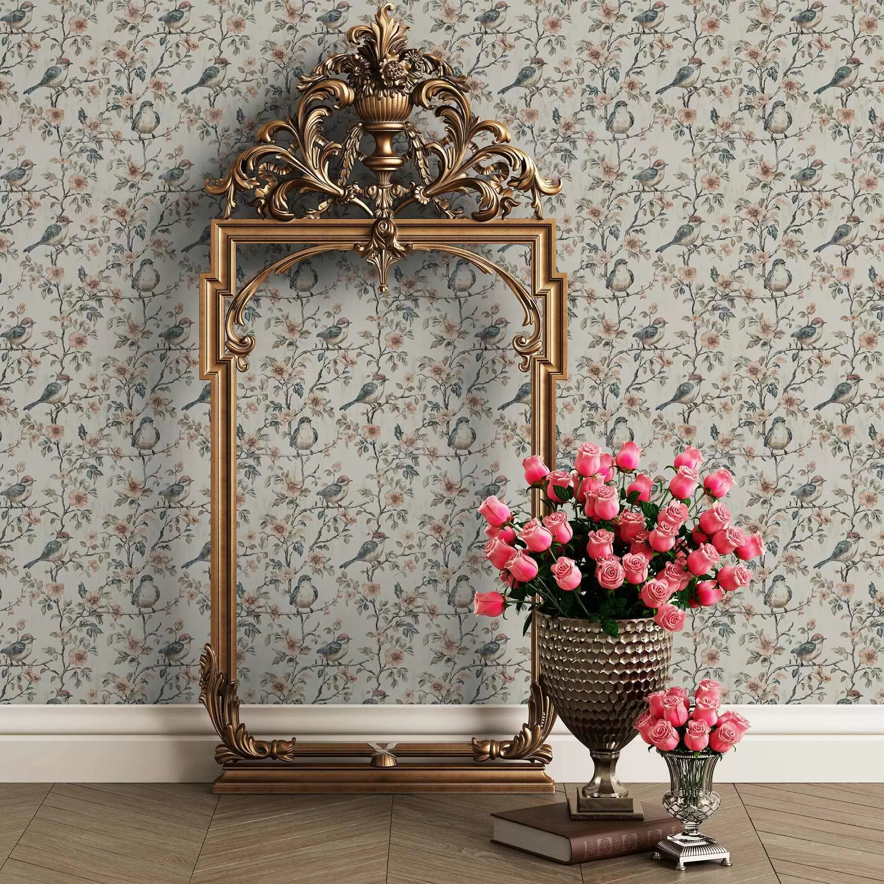 Fototapetes Putni uz zariem ar ziediem retro akvareļu stilā a00197